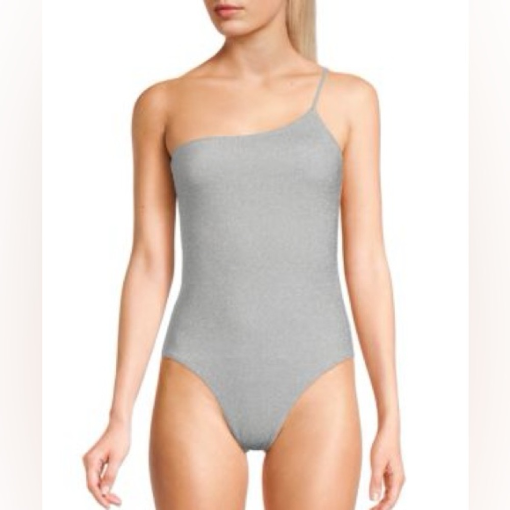 Express Metallic Gray One-Shoulder Bodysuit Top✨